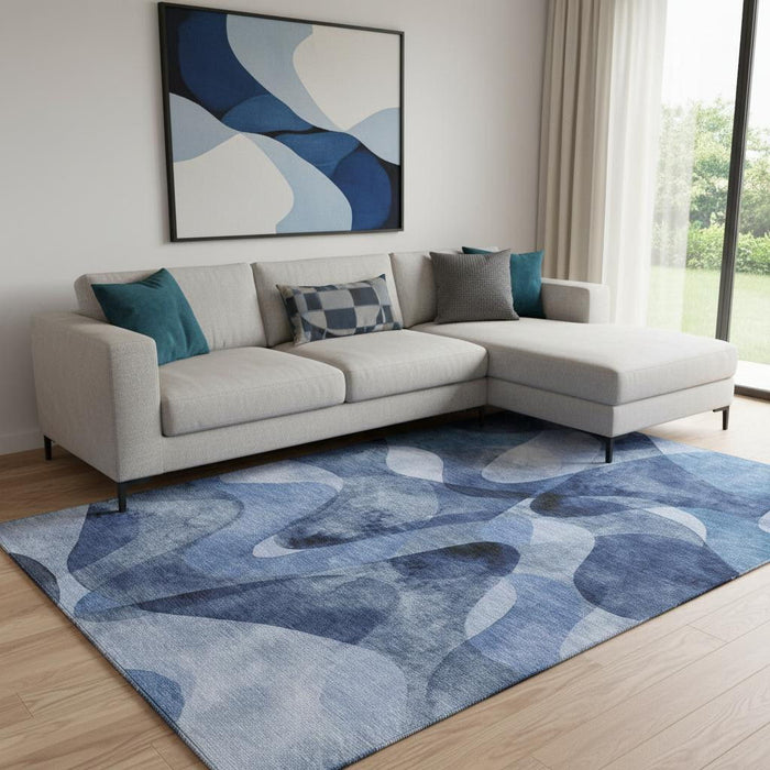 10' X 14' Abstract Washable Area Rug With UV Protection (648088) - Navy Blue / Ivory
