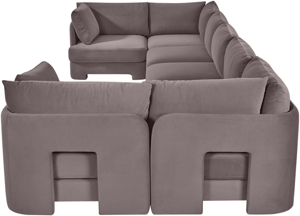 Meridian Furniture velvet upholstered 7-piece U-shaped sectional sofa in a stationary living room setting.