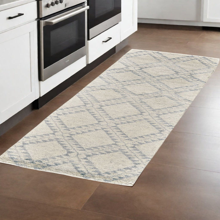 8' Geometric Hand Knotted Worn Faded Runner Rug - Gray And Ivory