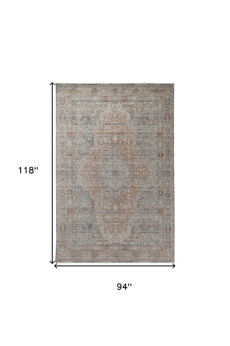 8' x 10' Oriental Power Loom Worn Faded Area Rug With Fringe - Gray Ivory And Orange
