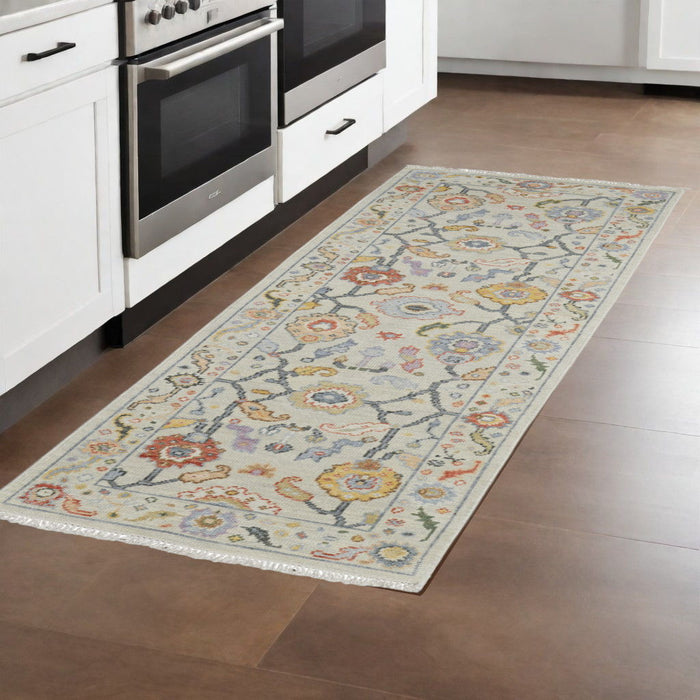 8' Wool Oriental Hand Knotted Runner Rug With Fringe - Gray And Yellow