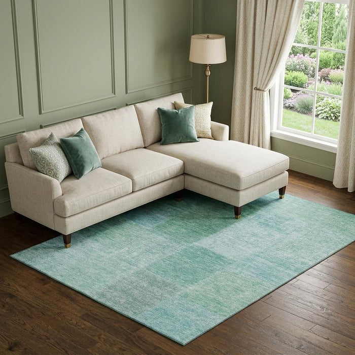 9' X 12' Patchwork Washable Area Rug With UV Protection (655239) - Teal / Ivory