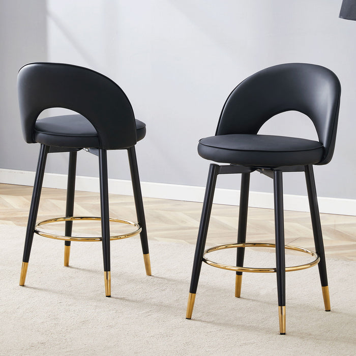 Set of 2 Giga modern upholstered bar stools with 360° rotatable seats and metal legs for dining room use.