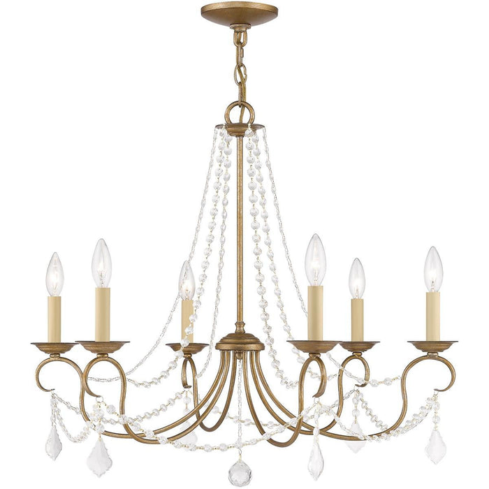 HomeRoots 24-inch six-light dimmable chandelier with shades in antiqued gold finish, showcasing elegant design and lighting features.