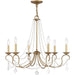 HomeRoots 24-inch six-light dimmable chandelier with shades in antiqued gold finish, showcasing elegant design and lighting features.