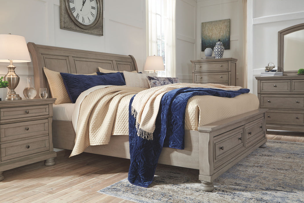 Signature Design by Ashley Lettner sleigh bedroom set with six pieces, including bed frame, nightstands, and dresser, in a cozy bedroom scene.