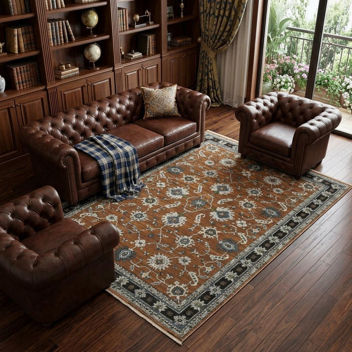 7' X 10' Oriental Area Rug With Fringe (575101) - Rust / Gray / Beige