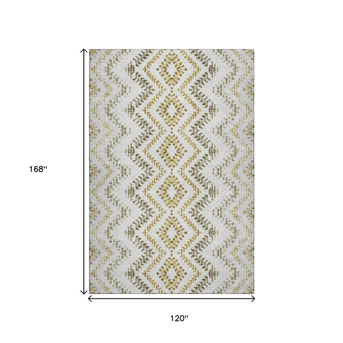10' X 14' Geometric Washable Area Rug With UV Protection (656124) - Taupe / Ivory / Gold