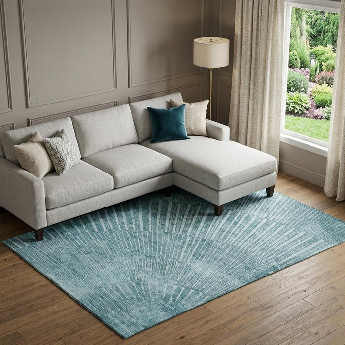 9' X 12' Geometric Washable Area Rug With UV Protection (648357) - Teal / Ivory