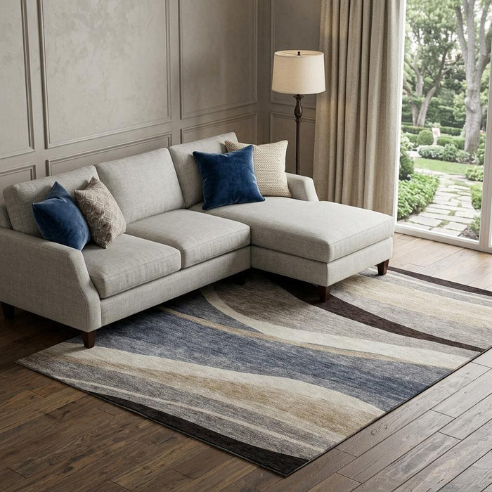 10' X 14' Abstract Washable Area Rug With UV Protection (684232) - Blue / Brown / Taupe