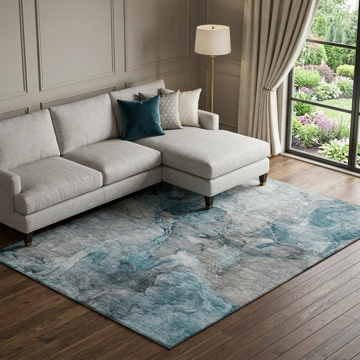 10' X 14' Abstract Washable Area Rug With UV Protection (656334) - Teal / Gray