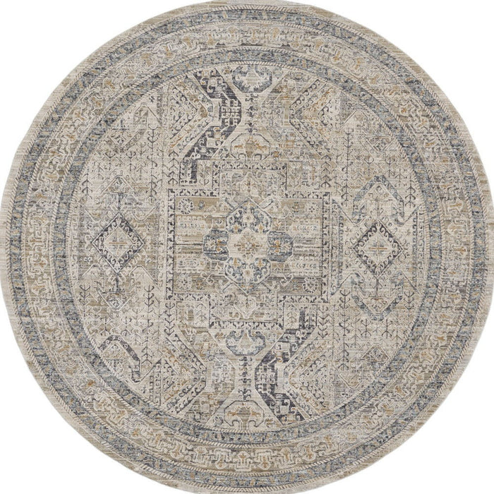 8' Medallion Distressed Round Rug With Fringe (546587) - Ivory / Gray