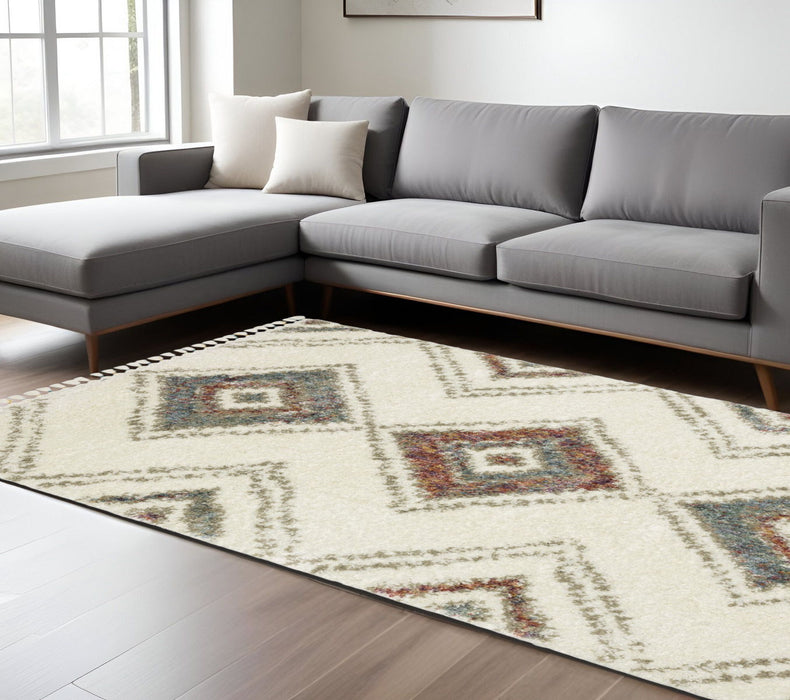 7' X 10' Southwestern Shag Area Rug With Fringe - Ivory