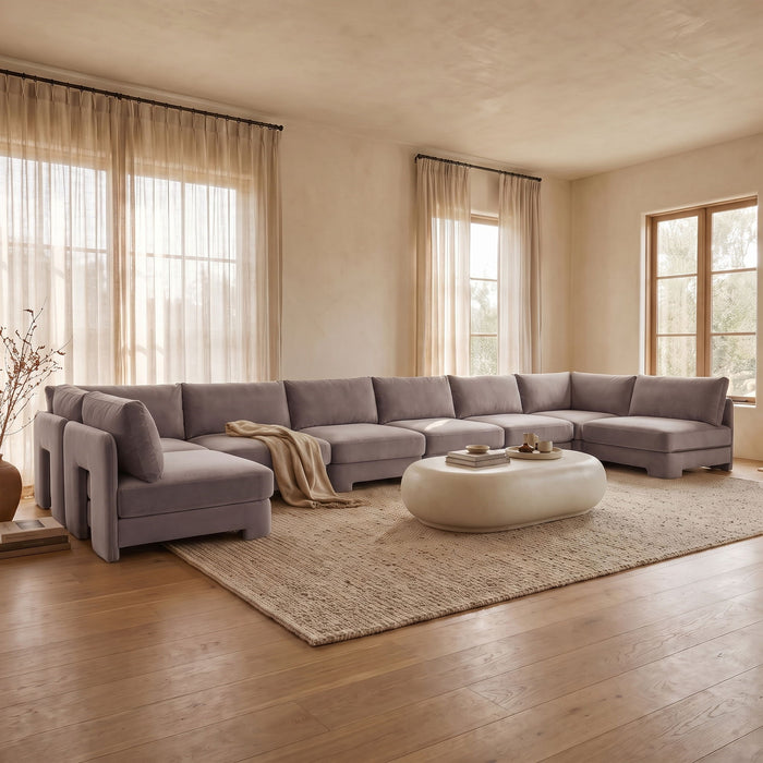 Beige Hammond velvet performance fabric upholstered 8-piece U-shaped armless sectional sofa by Meridian Furniture.