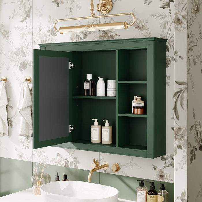 Giga wall-mounted medicine cabinet with mirror, featuring six open shelves and adjustable interior storage.