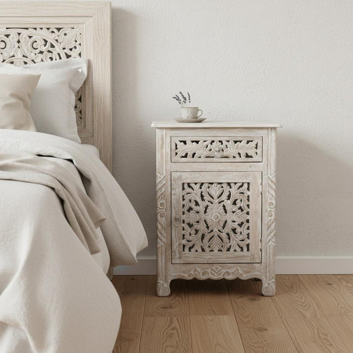 One Drawer Carved Floral Solid Wood Nightstand - Distressed White