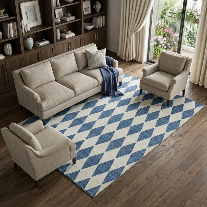 10' X 14' Diamond Washable Area Rug With UV Protection (650074) - Navy Blue / Ivory