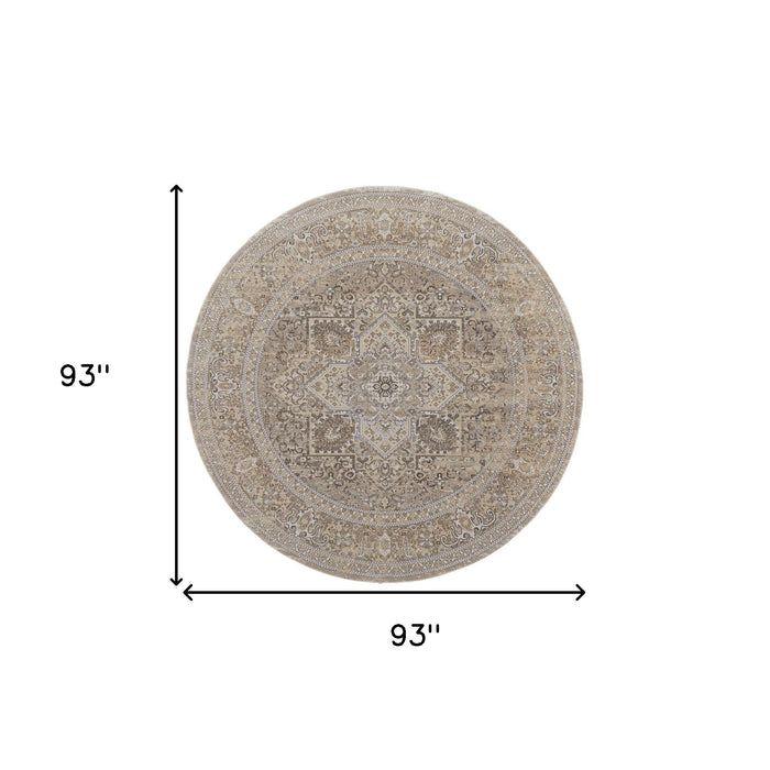 7.8' x 7.8' Round Medallion Power Loom Distressed Area Rug - Brown And Ivory