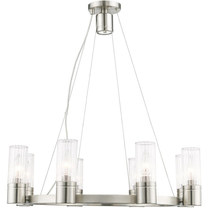 20" Eight Light Metal Dimmable Chandelier With Shades - Nickel / Clear