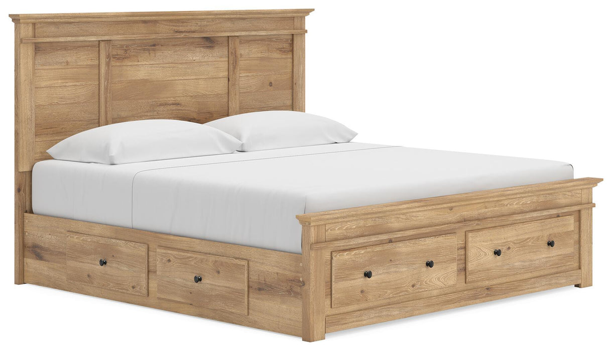 Signature Design by Ashley Makidern panel storage bed with built-in drawers and modern wood finish in a bedroom setting.