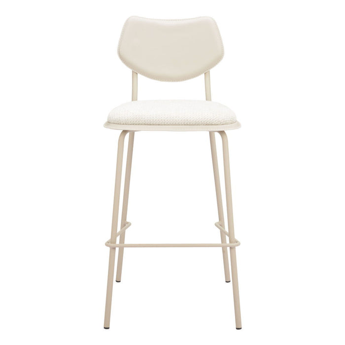 Set of four light gray fabric faux leather bar height stools by HomeRoots, featuring modern design and sturdy metal legs.