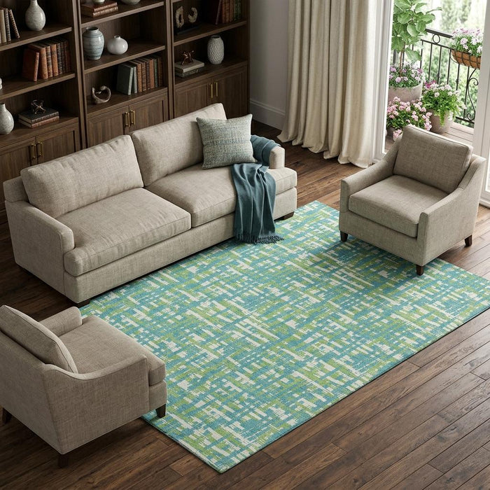 10' X 14' Abstract Geometric Washable Area Rug With UV Protection (683087) - Turquoise / Green / Ivory