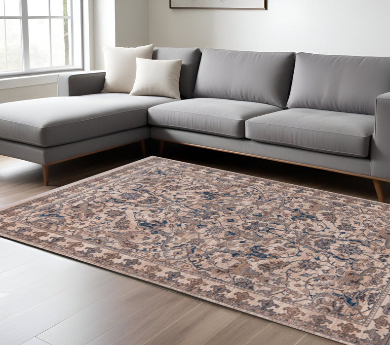 9' X 13' Oriental Area Rug With Fringe - Tan And Blue