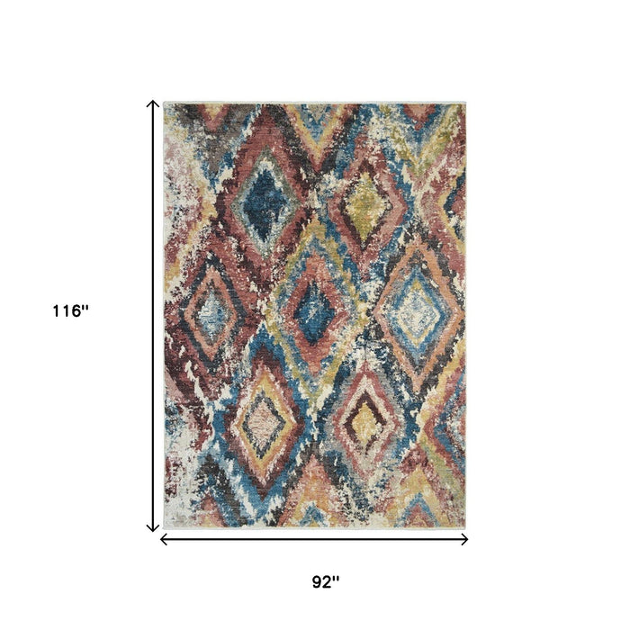 8' x 10' Geometric Distressed Area Rug With Fringe - Blue