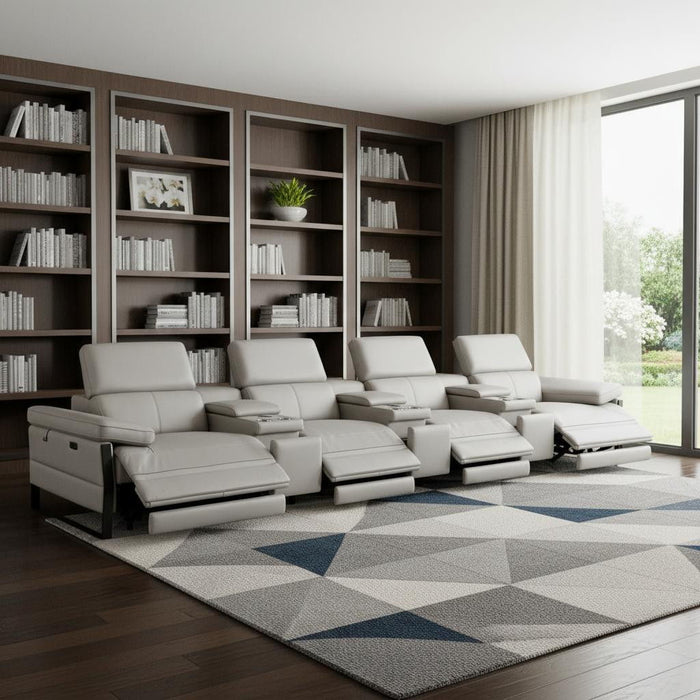 Top Grain Leather Reclining Metal USB Sofa (720349) - Light Gray
