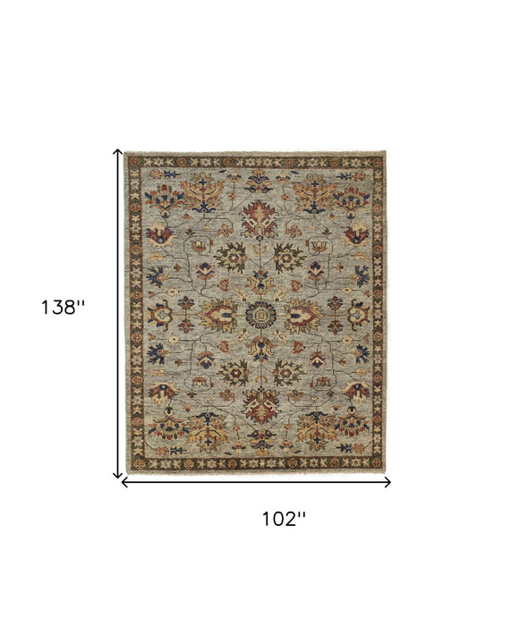 8.5' x 11.5' Wool Floral Hand Knotted Stain Resistant Area Rug With Fringe - Gray Gold And Red