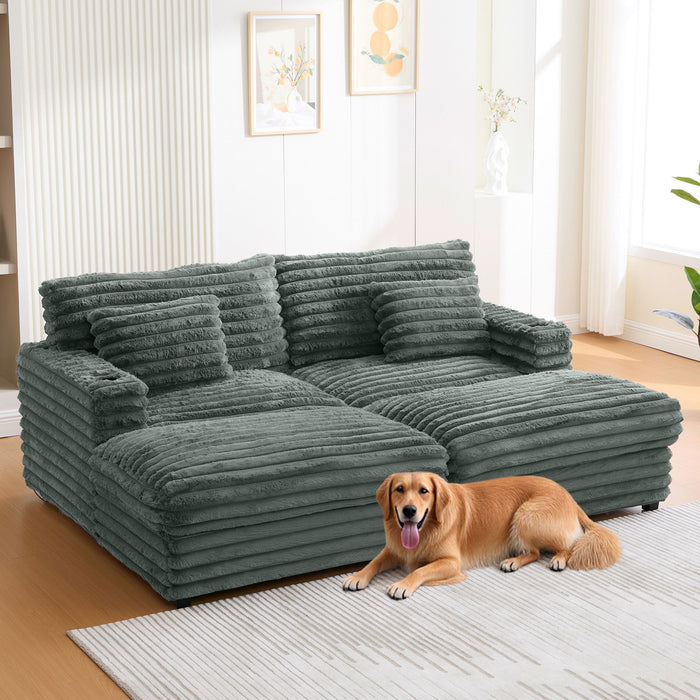 Plush Oversized Double Chaise Lounge Sofa Bed With USB Ports And Cup Holders