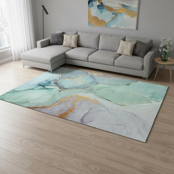 8' X 10' Abstract Washable Area Rug With UV Protection (646844) - Teal / Gold / Ivory