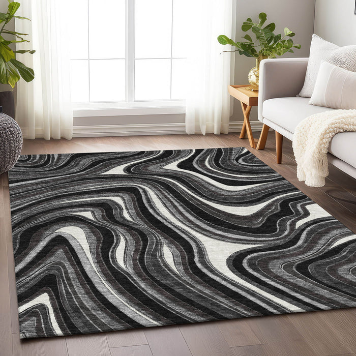 10' X 14' Marble Washable Area Rug With UV Protection - Black