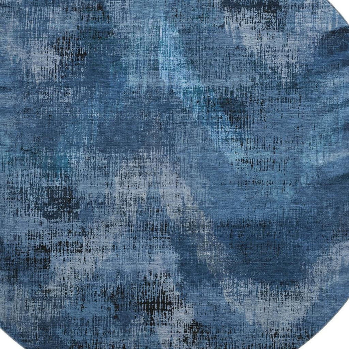 8' Abstract Washable Round Rug With UV Protection - Blue And Charcoal
