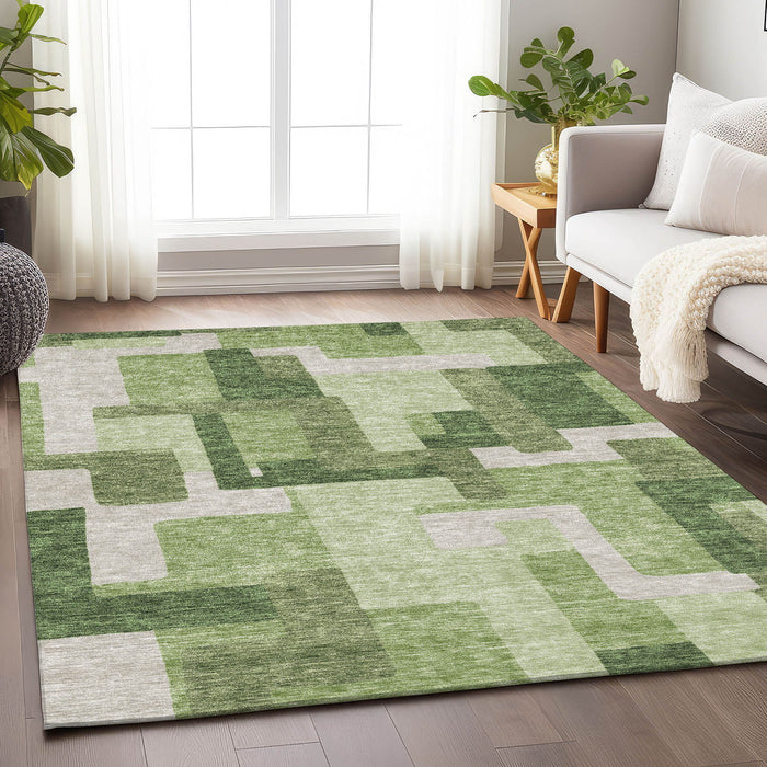 10' X 14' Abstract Geometric Washable Area Rug With UV Protection - Green / Ivory