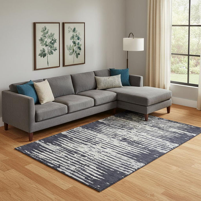10' X 14' Striped Washable Area Rug With UV Protection (670531) - Black / Ivory