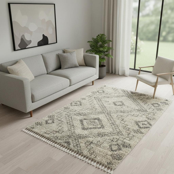 5' X 8' Geometric Shag Non Skid Area Rug (551133) - Ivory / Gray