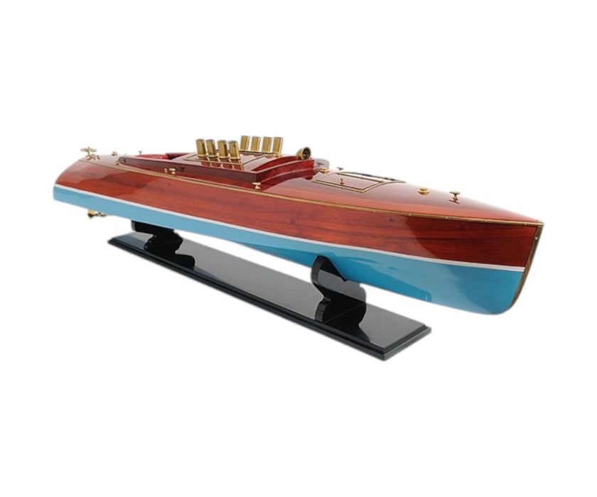 Hand Painted Model Boat Tabletop Sculpture - Blue / Brown