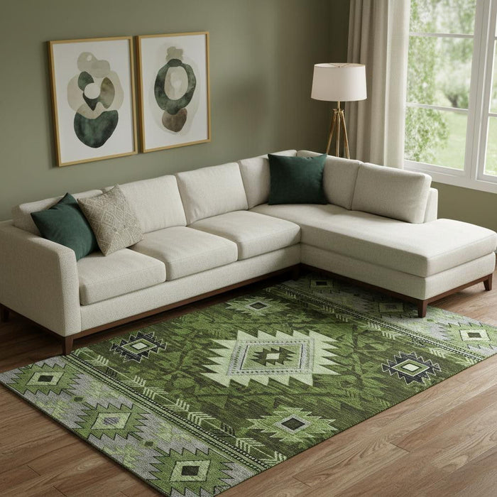 10' X 14' Geometric Washable Area Rug With UV Protection (700253) - Olive Green / Gray / Charcoal