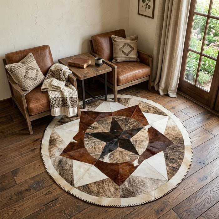 7' Cowhide Patchwork Round Rug (544488) - Brown