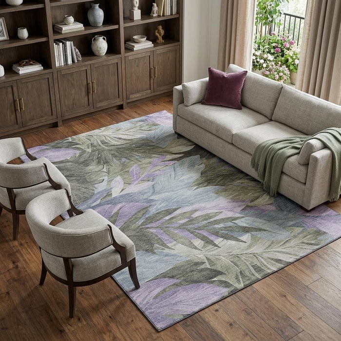 10' X 14' Floral Washable Area Rug With UV Protection (694056) - Taupe / Lavender / Olive Green