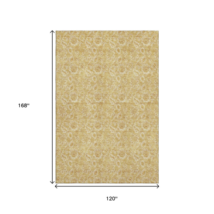 10' X 14' Floral Washable Area Rug With UV Protection (655060) - Gold / Wheat