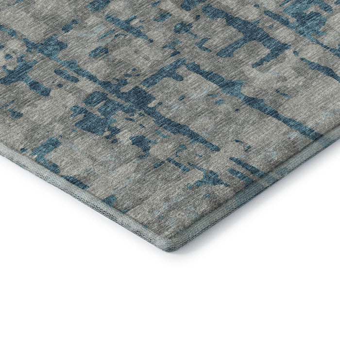 8' Abstract Washable Round Rug With UV Protection - Persian Blue And Gray