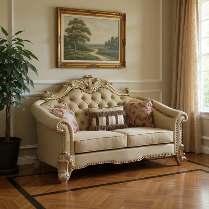 Faux Leather Loveseat And Toss Pillows - Gold / Bone