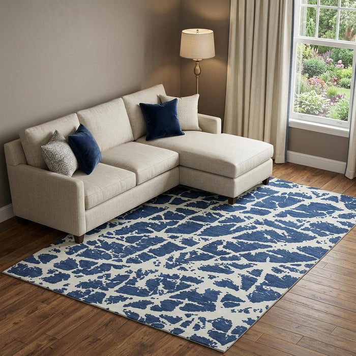 10' X 14' Abstract Washable Area Rug With UV Protection (646554) - Navy Blue / Ivory