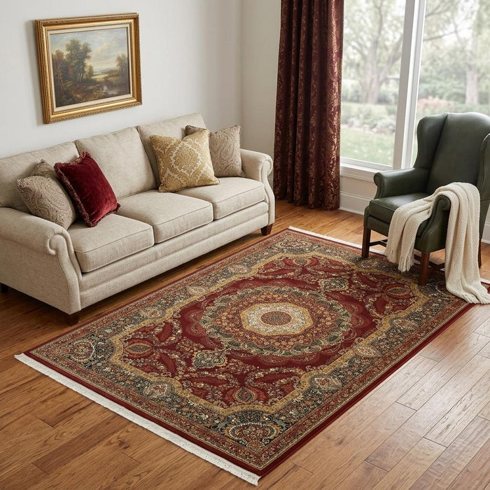 5' X 8' Medallion Area Rug With Fringe (574488) - Black / Red / Tan