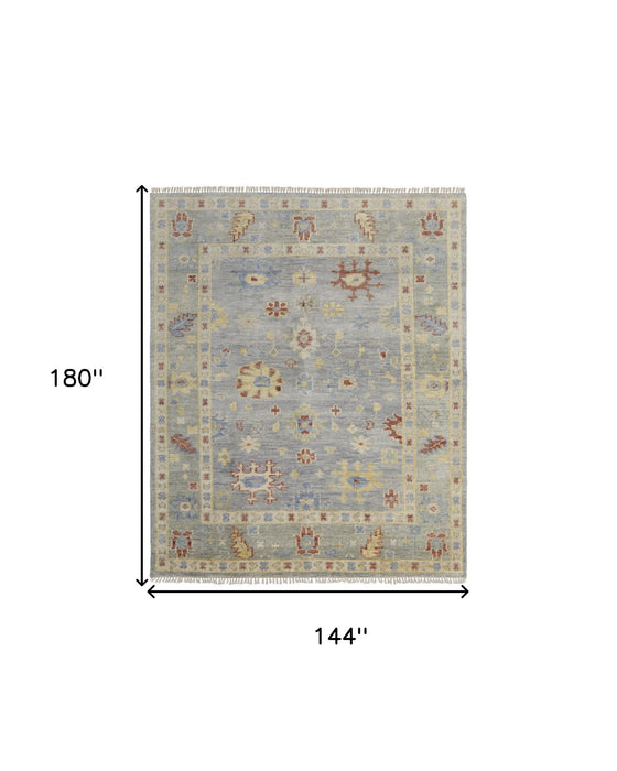 12' x 15' Wool Floral Hand Knotted Area Rug With Fringe - Light Blue And Taupe