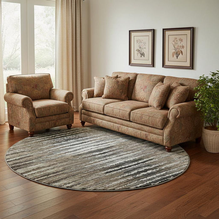 8' Striped Washable Round Rug With UV Protection (650977) - Brown / Gray / Ivory