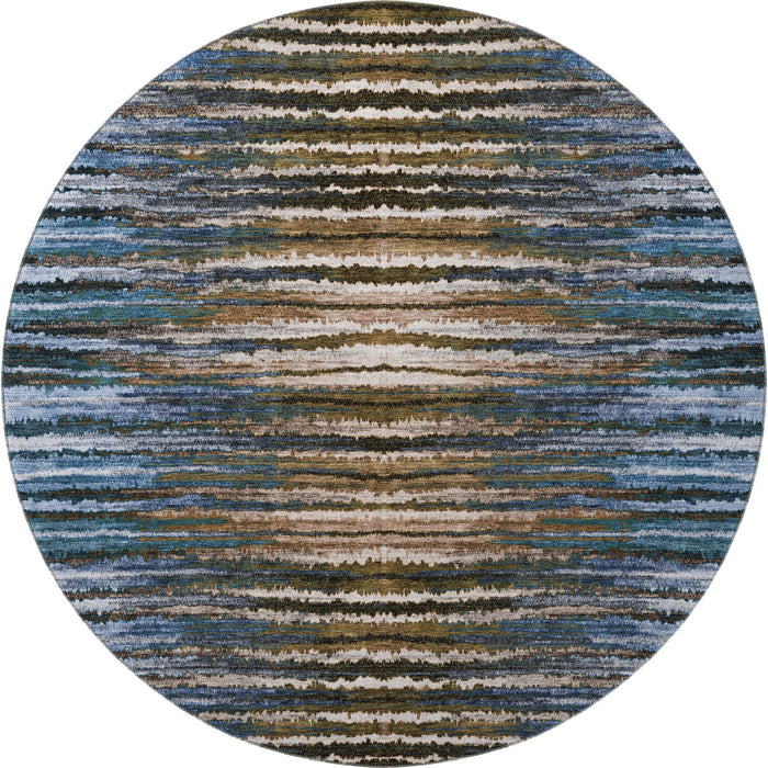 8' Striped Washable Round Rug With UV Protection (650983) - Blue / Brown / Gray