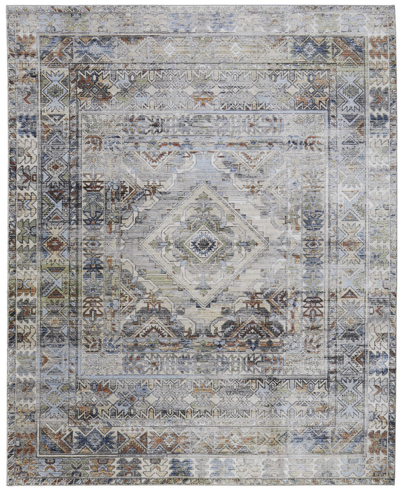9' x 13' Abstract Power Loom Worn Faded Area Rug - Gray Blue And Red